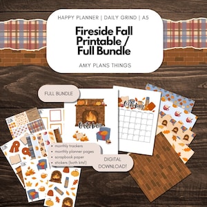 Könnte beinhalten: Ein digitales Download-Bundle mit Herbstthema. Das Bundle enthält druckbare Planerseiten, Aufkleber und Scrapbook-Papier. Das Design zeigt einen Kamin, Kürbisse und das Wort "Oktober". Der Text "Fireside Fall Printable/Full Bundle" ist ebenfalls sichtbar.