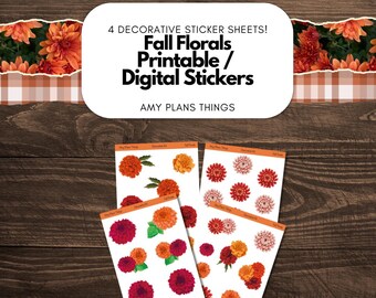 Puede incluir: Cuatro hojas de pegatinas decorativas con diseños florales de otoño. Las pegatinas incluyen varias flores de crisantemo de color naranja, rojo y amarillo. El texto de la imagen dice "Fall Florals Printable / Digital Stickers" y "Amy Plans Things".