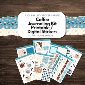 Könnte beinhalten: Ein Set mit 7 bedruckbaren Journaling-Aufklebern zum Thema Kaffee. Die Aufkleber zeigen Kaffeetassen, Kaffeebohnen, Kaffeekannen und andere Designs rund um das Thema Kaffee. Die Aufkleber sind perfekt, um Ihrem Planer, Journal oder Sammelalbum eine persönliche Note zu verleihen.