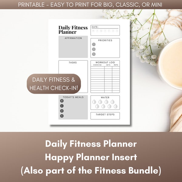 Daily Fitness Planner PRINTABLE Planner Insert for Happy Planner | Workout Insert for Big, Classic, Mini | Fitness Goal Setting
