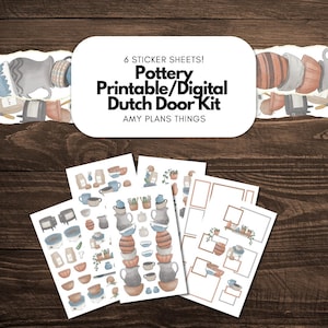 May include: A set of six sticker sheets featuring a pottery printable digital Dutch door kit by Amy Plans Things. The sheets contain various illustrations of ceramic bowls, pitchers, vases, and rectangular frames in muted earth tones and blue.