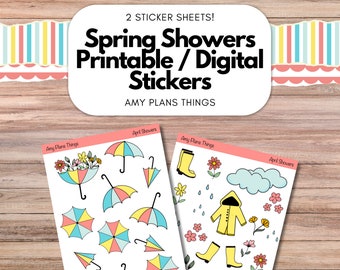 Spring Showers Printable Stickers | Digital Download Stickers | Rainy Day Sticker for Planner Journal Stickers | Rainy Day Clip Art