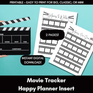 Películas para ver Inserto de planificador IMPRIMIBLE para Happy Planner / Movie Tracker Insert para inserciones grandes, clásicas, mini / de seguimiento para diario