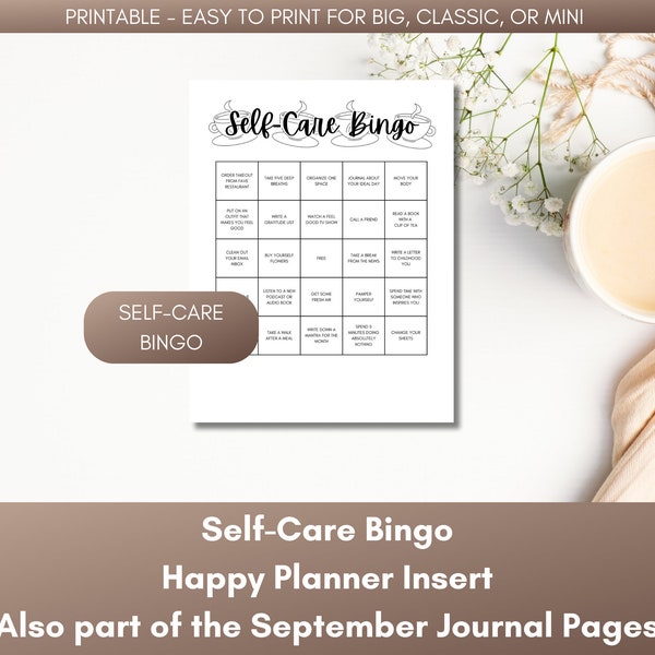 Self-Care Bingo PRINTABLE Planner Insert for Happy Planner | Self-Care Insert for Big, Classic, Mini | Tea Cup Themed Self-Care Page