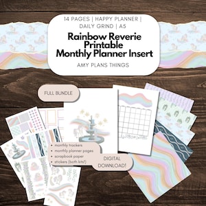 May include: A digital download bundle of printable planner inserts with a rainbow and unicorn theme. The bundle includes monthly trackers, planner pages, scrapbook paper, and stickers. The text on the image reads "Rainbow Reverie Printable Monthly Planner Insert."