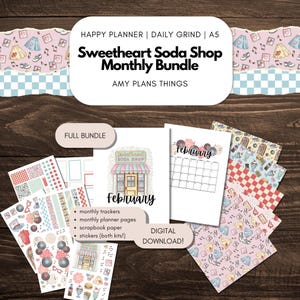 May include: A digital download bundle featuring a "Sweetheart Soda Shop" theme. The bundle includes monthly trackers, planner pages, scrapbook paper, and stickers. The design incorporates retro soda shop imagery and the month of February.