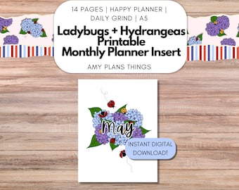 Encart de journal de mai 2024 | Journal à tartiner coccinelle + hortensias | Insertion d'agenda à imprimer pour Happy Planner, Daily Grind, A5