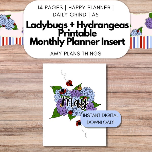 May 2024 Journal Insert | Ladybug + Hydrangeas Journal Spread | PRINTABLE Planner Insert for Happy Planner, Daily Grind, A5