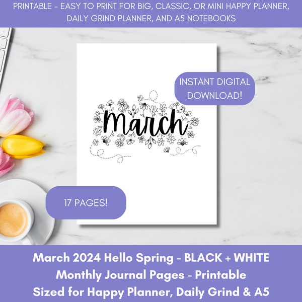 March 2024 Journal Insert | Black & White Hello Spring Themed Journal Spread | PRINTABLE Planner Insert for Happy Planner, Daily Grind, A5