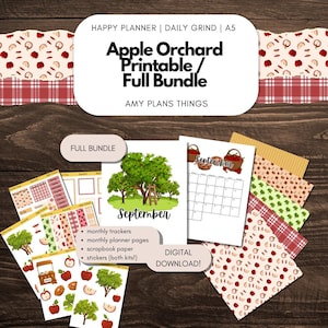May include: A digital download bundle featuring an "Apple Orchard" theme. The bundle includes printable planner pages, stickers, and scrapbook paper. The design incorporates apple illustrations, trees, and the word "September". The text "Full Bundle" and "Digital Download!" are also visible.