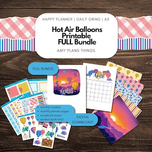 Könnte beinhalten: Ein digitales Download-Paket mit druckbaren Planerseiten und Aufklebern zum Thema Heißluftballon. Das Paket enthält monatliche Tracker, monatliche Planerseiten, Bastelpapier und Aufkleber. Das Design zeigt einen Sonnenuntergang mit Heißluftballons in den Farben Pink, Lila, Orange und Gelb.