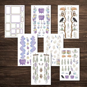 Può includere: Sei fogli di adesivi con illustrazioni ad acquerello di calderoni viola, boccette di pozioni, gufi, corvi, rane, topi, gatti, pile di libri, erbe appese e vari cornici rettangolari. I disegni includono fogli di carta e piume fluttuanti.