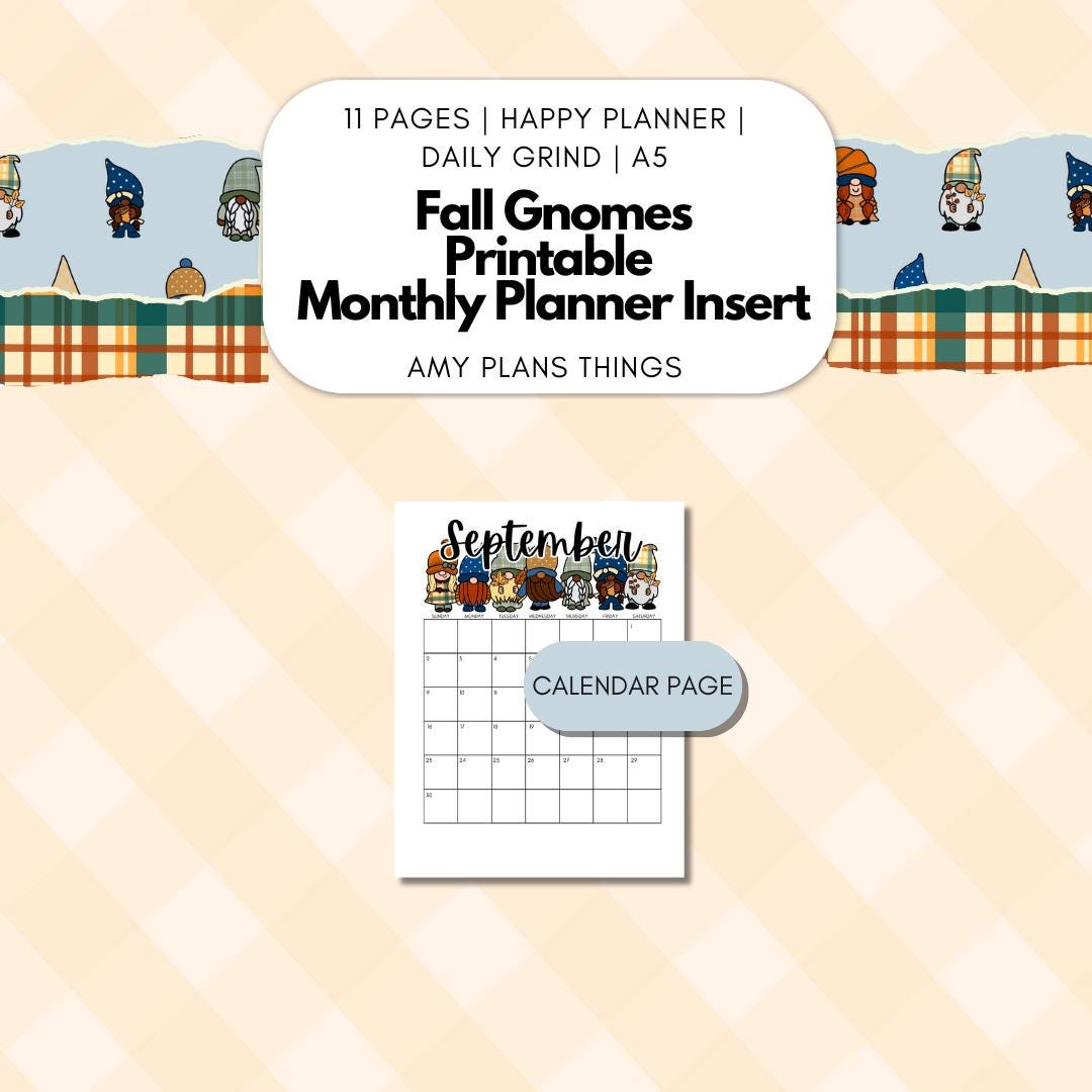 September 2025 Planner Insert Fall Gnomes Monthly Calendar Weekly