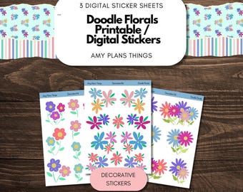 Printable Stickers - Doodle Florals Theme | Digital Download Stickers | Sticker for Planner Journal Stickers | Flower Clip Art Doodle