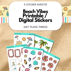 Printable Stickers - Beach Vibes Theme | Digital Download Stickers | Sticker for Planner Journal Stickers | Beach Clip Art