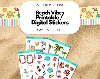 May include: Five printable digital sticker sheets with a beach theme. The sheets include images of palm trees, seashells, flowers, sandcastles, and beach umbrellas. The text "Beach Vibes Printable Digital Stickers" is at the top of the image.