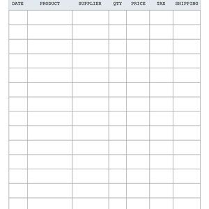 May include: A blank inventory sheet with columns for date, product, supplier, quantity, price, tax, and shipping.