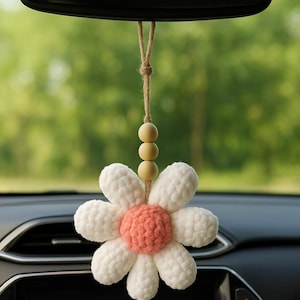 Crochet Daisy Car Charm | Handmade Flower Rearview Mirror Hanging | Cute Boho Car Accessory – Custom Colors Available