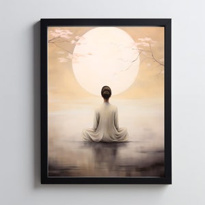 Arte murale zen, arte astratta neutra, meditazione, serenità, stampa japandi, bellissimo poster zen, donna zen japandi, tramonto zen
