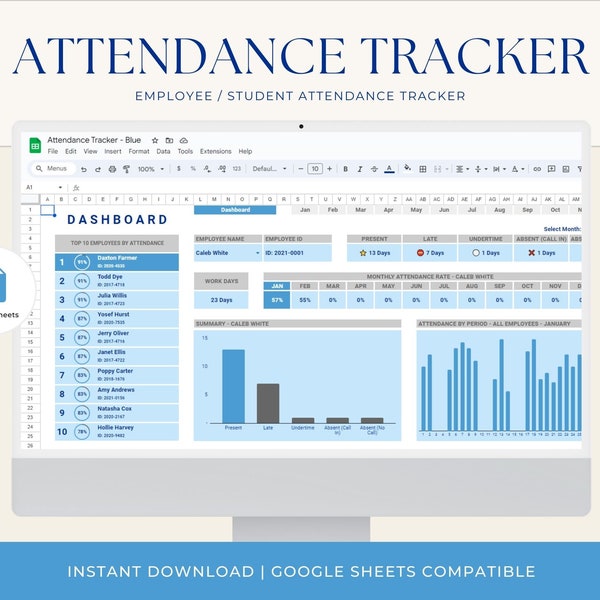 Attendance Tracker, Absent Tracker, Employee Attendance, Student Attendance, Daily Attendance Sheet, Editable Spreadsheet, Annual Dashboard