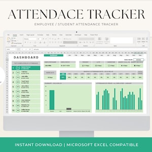 Attendance Tracker, Absent Tracker, Employee Attendance, Student Attendance, Daily Attendance Sheet, Editable Spreadsheet, Annual Dashboard