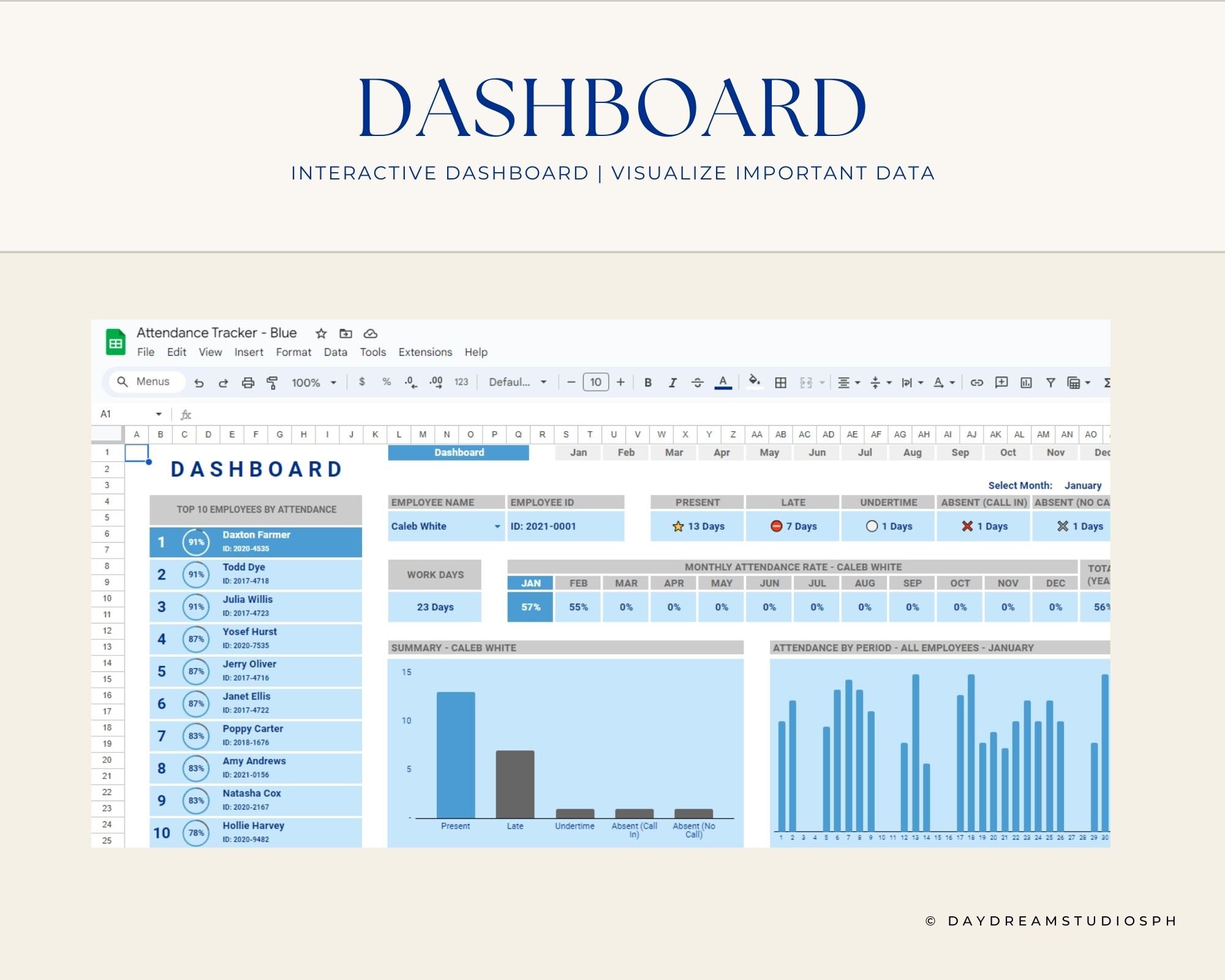 Attendance Tracker Spreadsheet: Employee/student, Automated Dashboard ...