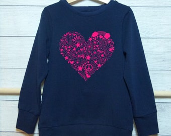 Baby Kinder Pullover - pinkes Hippie Herz - handgemachtes Retro Sweatshirt - in verschiedene Größen und Farben