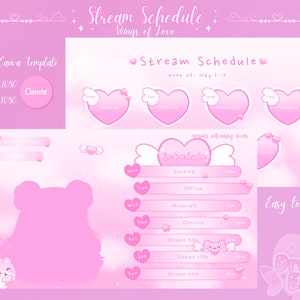Pink Stream Schedule VTuber Twitch Planner Weekly Canva Template Love Hearts  valentines stream overlay