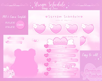 Pink Stream Schedule VTuber Twitch Planner Weekly Canva Template Love Hearts  valentines stream overlay