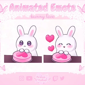 Cute Bunny Animated Emote Twitch Love Button Discord Stickers animal emotes streaming asset kawaii chibi rabbit emoji pink heart animation