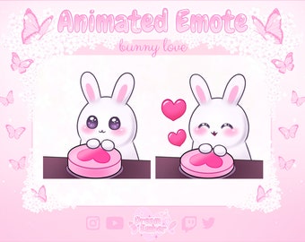 Cute Bunny Animated Emote Twitch Love Button Discord Stickers animal emotes streaming asset kawaii chibi rabbit emoji pink heart animation