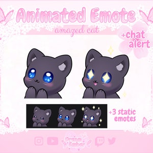Schattige zwarte kat geanimeerde emote Twitch Wow Amazed Cat Discord Stickers grijze kat waarschuwing schattige dieren emotes streaming item kawaii chibi kitten