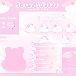 以下が含まれることがあります： Twitchストリーマー向けのピンクと白のデジタルプランナーテンプレート。テンプレートは、ピンクと白のカラーテーマで雲のデザインを採用しています。「Stream Schedule」というテキストはピンクのフォントで書かれています。テンプレートには、ストリームのタイトルと時間を入れるスペースのある週間スケジュールが含まれています。テンプレートは簡単に編集してカスタマイズできます。