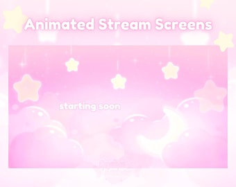 Animated Stream Screens Pastel Clouds Twitch Overlay cute scenes celestial streaming setup gamer girl vtuber assets kawaii pastel pink