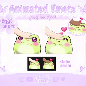 Puede incluir: Emote animado de Twitch que presenta una rana verde con mejillas rosadas que recibe una palmada en la cabeza de una mano. El emote viene con dos tonos de piel y una versión estática. El texto "Animated Emote" y "frog headpat" se muestra encima del emote. El texto "+chat alert" se muestra en el lado izquierdo de la imagen. El texto "2 skin colours" se muestra en el lado derecho de la imagen. El texto "+static emote" se muestra debajo del emote.