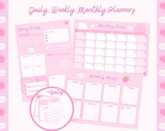 Planificador de conejito de fresa rosa con plantilla Canva diaria, semanal y mensual para San Valentín