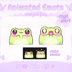 May include: Animated emote of a green frog with big eyes and a surprised expression. The frog is shown in two poses, one with its mouth closed and the other with its mouth open. The text "Animated Emote" and "amazed frog" is at the top of the image. The text "+chat alert" is on the right side of the image. The text "+static emotes" is at the bottom of the image.