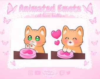 Cute Orange Tabby Cat Animated Emote Twitch Heart Button Discord Stickers animal emotes stream alert ginger cat love chibi kitten emoji pink