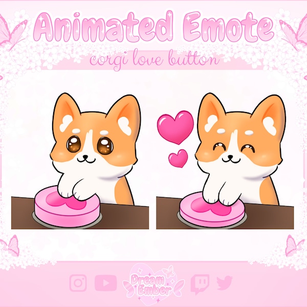 Twitch Animated Emote Cute Corgi Love Button Discord Sticker animal emotes instant download stream asset kawaii chibi dog emoji pink heart