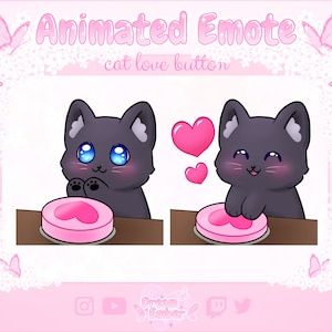 Lindo emoticono animado de gato negro Botón de amor para Twitch Pegatinas de Discord Emotes de animales Recurso de transmisión Emoji de gatito chibi kawaii Gatito gris Corazón rosa
