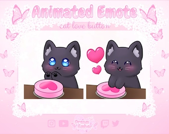 Cute Black Cat Animated Emote Twitch Love Button Discord Stickers animal emotes stream asset kawaii chibi kitten emoji grey kitty pink heart