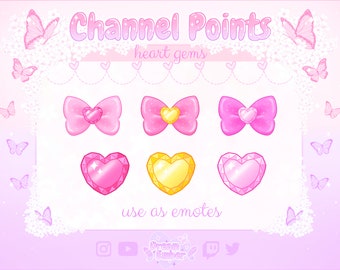 Twitch Channel Points Cute Pink Heart Gem Bow Emotes Streaming asset instant download ready-to-use kawaii emote pack sparkly anime ribbon