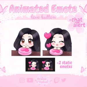 Chibi Girl Emote Pack Twitch Animated Discord Stickers Love Button Emotes black hair chibi vtuber assets stream alerts girl overlay twitch