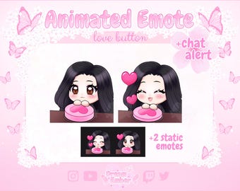 May include: Animated Twitch emote featuring a cartoon character with black hair and brown eyes pressing a pink heart button. The emote is labeled "love button" and includes a chat alert. Two static emotes are also included.