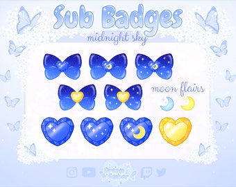 Cute Twitch Sub Badges Heart Gem Stars Moon Badge Flairs instant download kawaii celestial bit badge set midnight blue overlay stream asset