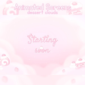 Può includere: Una sovrapposizione di schermo animata rosa e bianca con il testo "Animated Screens dessert clouds" e "Starting soon" in un carattere rosa corsivo. Lo sfondo è rosa tenue con nuvole bianche e grafica a tema dessert rosa e bianca.