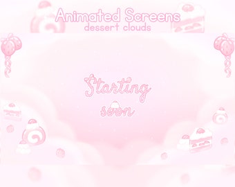 Animated Stream Screens Pink Dessert Cloud Twitch Overlay pack cute stream scenes strawberry theme girl vtuber assets anime pink clouds