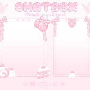 Puede incluir: Superposición de cuadro de chat rosa y blanco con un tema de postre de fresa. La superposición tiene dos cuadros de chat, un título que dice "CHATBOX strawberry dessert", y una variedad de mariposas y lazos rosas.