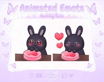 Cute Black Bunny Animated Emote Twitch Love Button Discord Stickers animal emotes stream pack kawaii chibi rabbit emoji heart animation