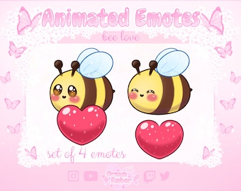 Cute Bee Animated Emotes Twitch Love Heart Emote Pack Honey Bee Alerts Discord Stickers animal overlay stream chat alert kawaii bumble bees